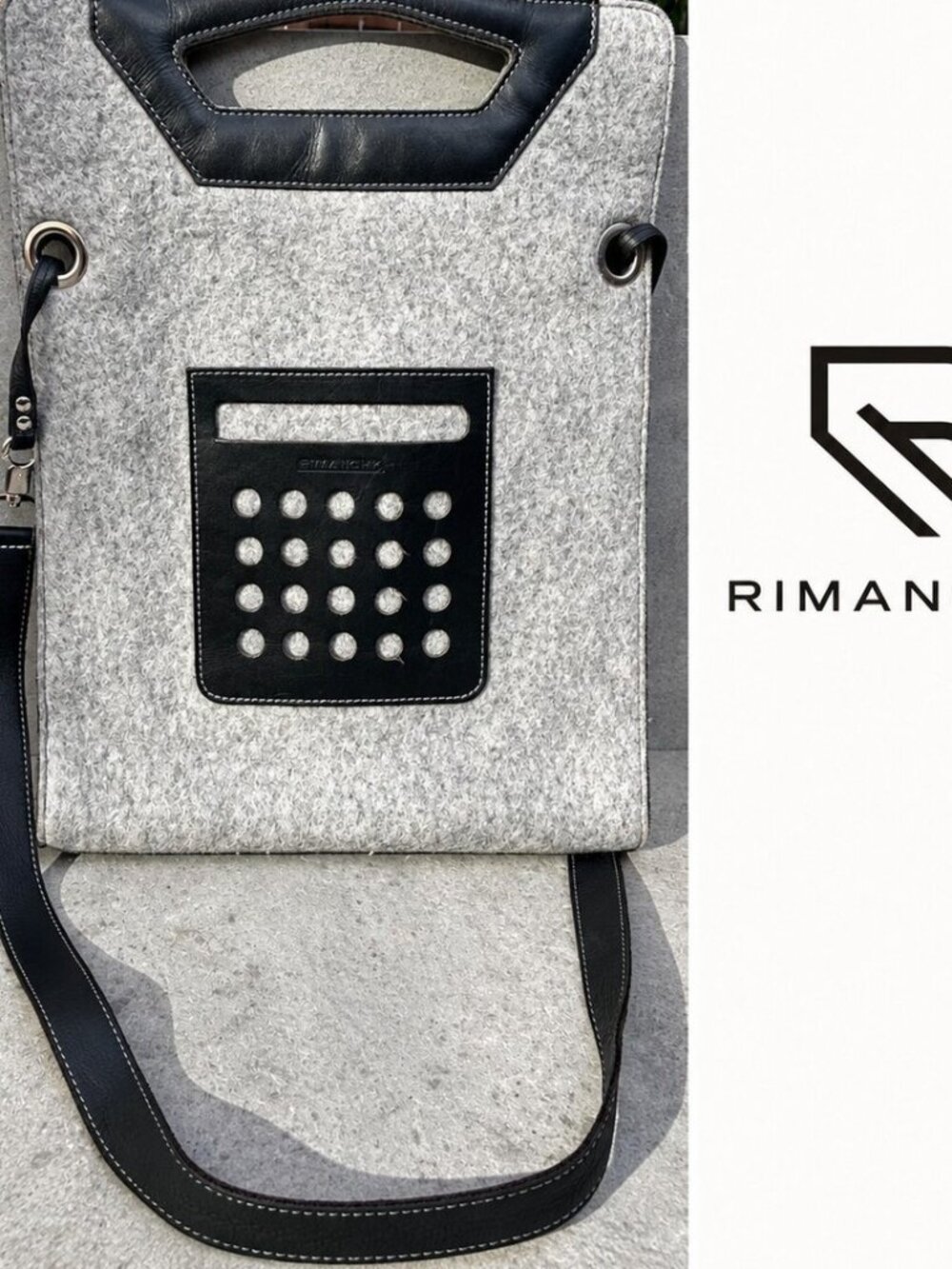 RIMANCHIK Grey Felt & Black Leather Geometric Shoulder Tote Bag Made in Canada